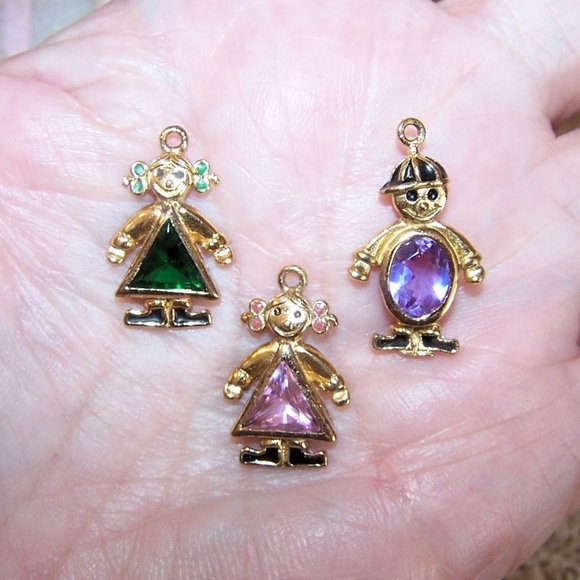 Trio of Sterling Silver Vermeil Enamel Rhinestone Children Charms or Pendants - Picture 3 of 4